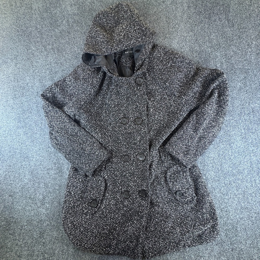 Metaphor Pea Coat Women XL Black White Textured Tweed Hooded Button Front Winter